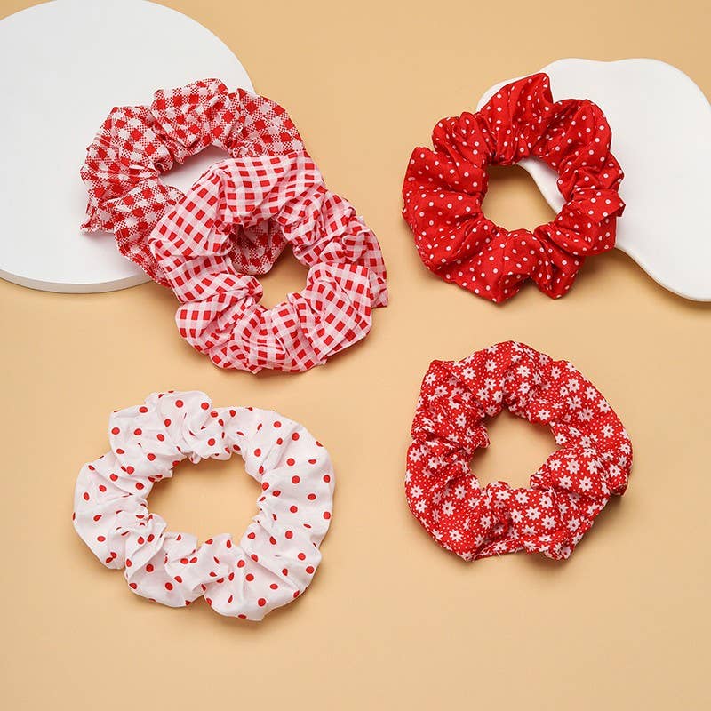 Polka Dot Gingham Checker Floral Scrunchie Set Of 5