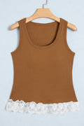 Coffee Padded U-Neck Lace Trim Tank Top