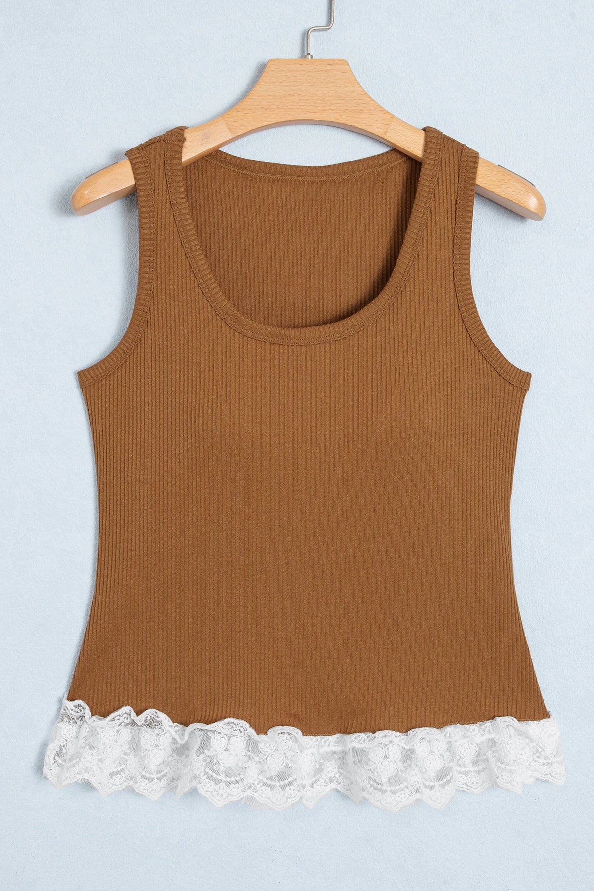 Coffee Padded U-Neck Lace Trim Tank Top