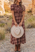 Rust Puff Sleeve Bow Tie Gingham Dress