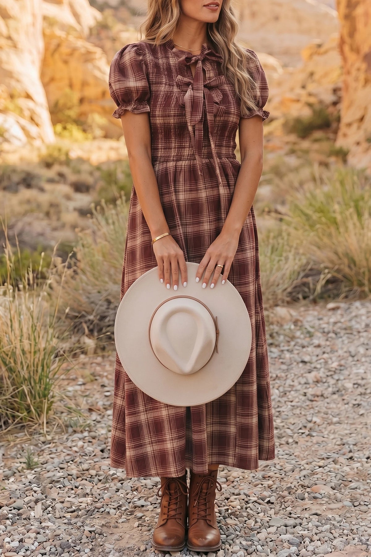 Rust Puff Sleeve Bow Tie Gingham Dress