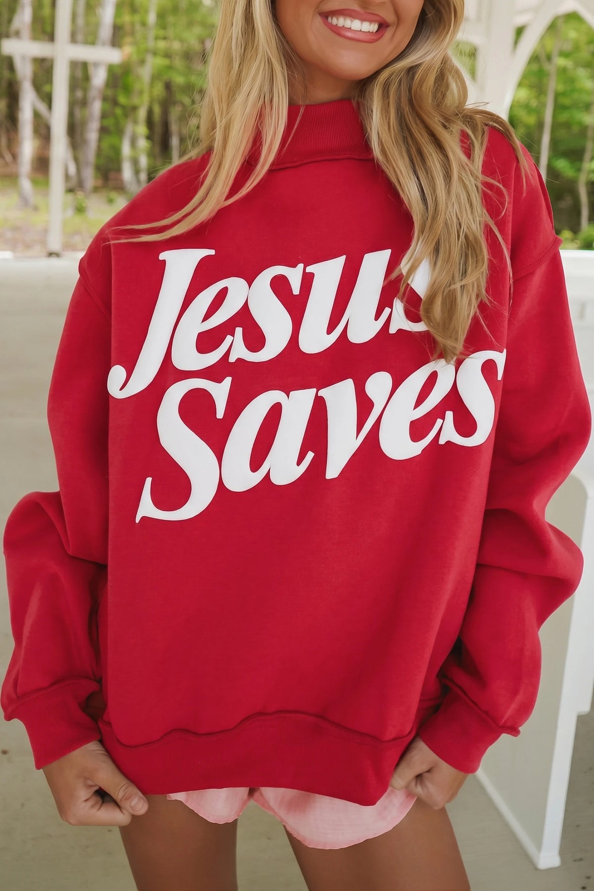 Fiery Red Jesus Saves Mock Neck