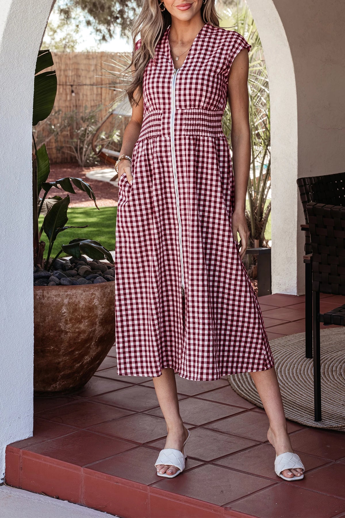 Burgundy V-Neck Zip-Up Capsleeve Dress