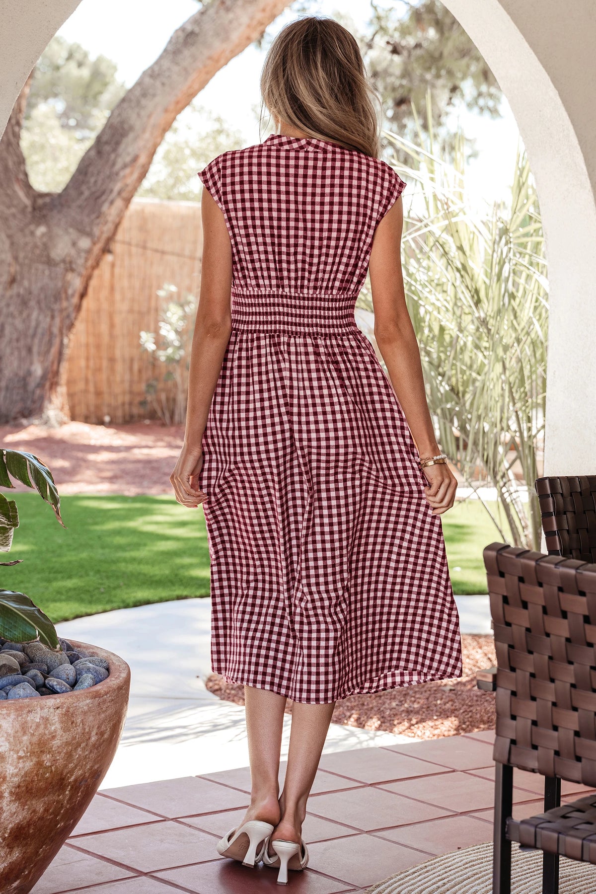 Burgundy V-Neck Zip-Up Capsleeve Dress