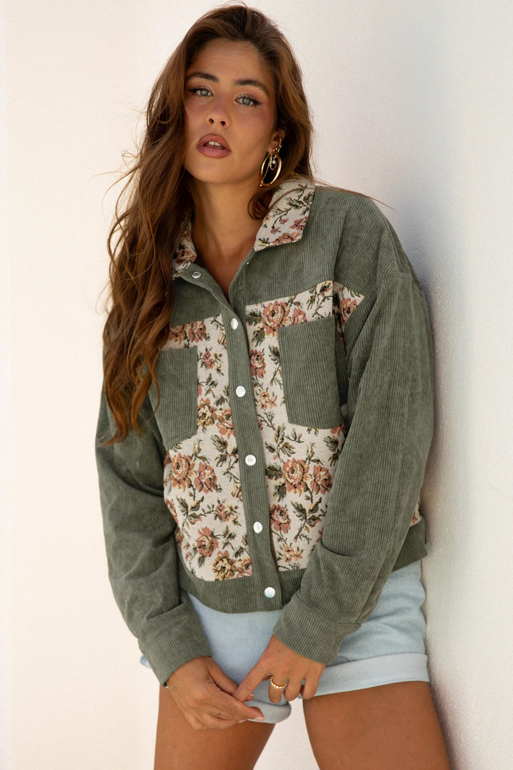 Green Floral Patchwork Corduroy Jacket