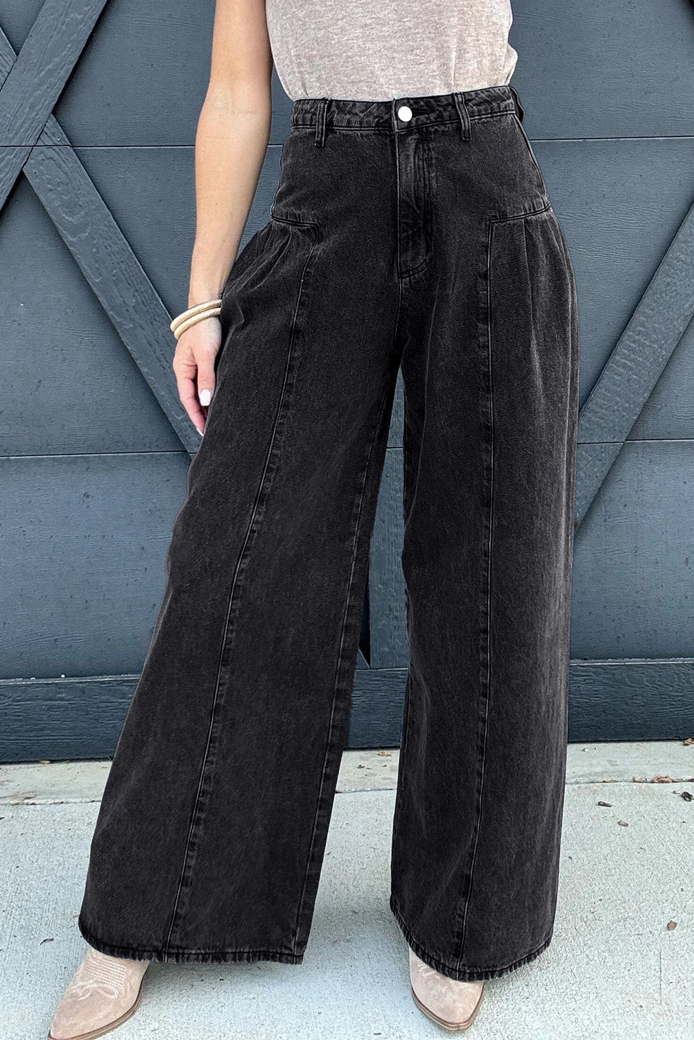 Black Pleated Wide Leg Cinched Waist Jeans