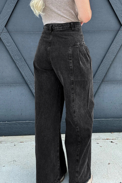 Black Pleated Wide Leg Cinched Waist Jeans
