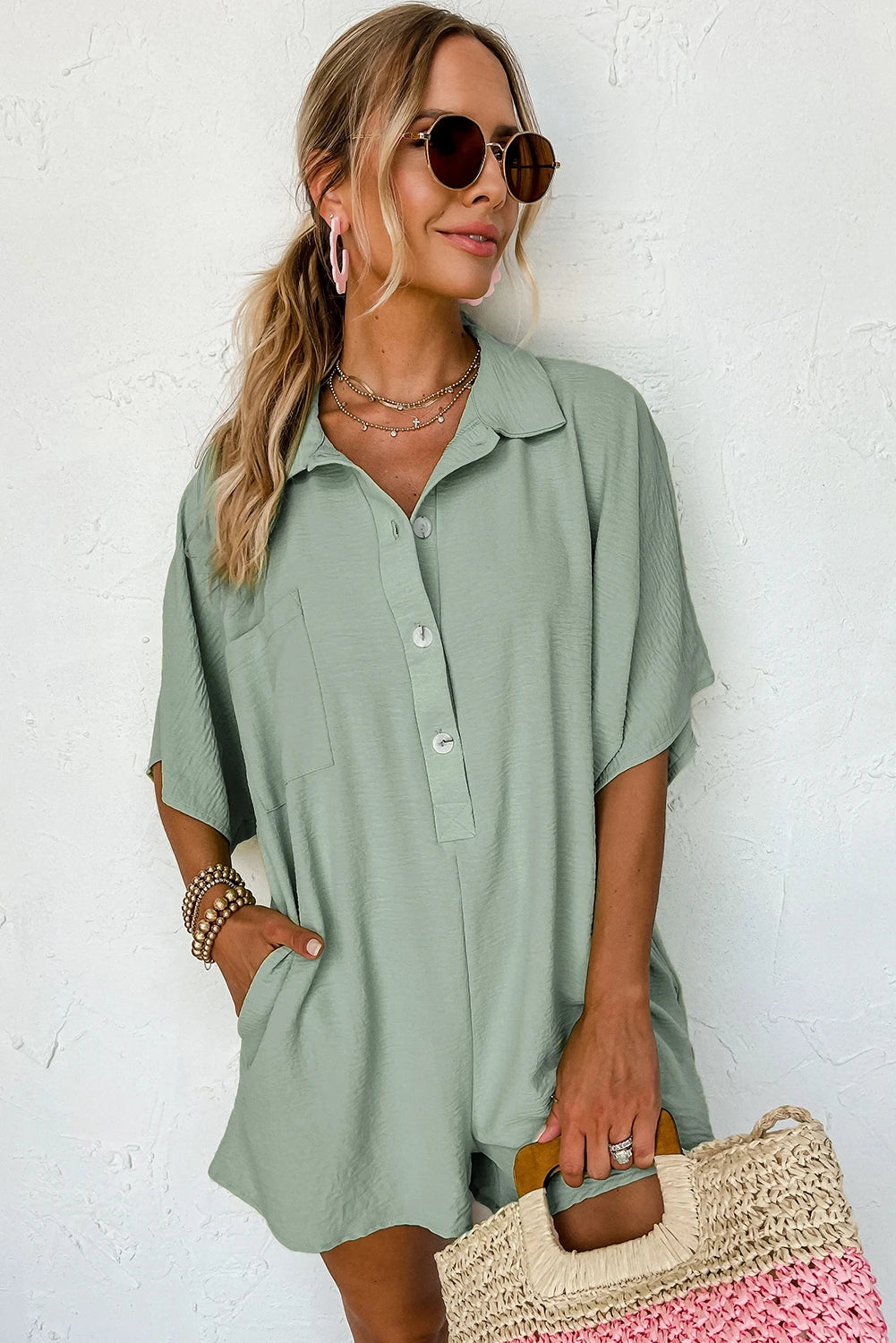 Cool Green Half-Buttoned Loose-Fit Romper