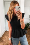 Black Smocked Flutter Sleeve Blouse