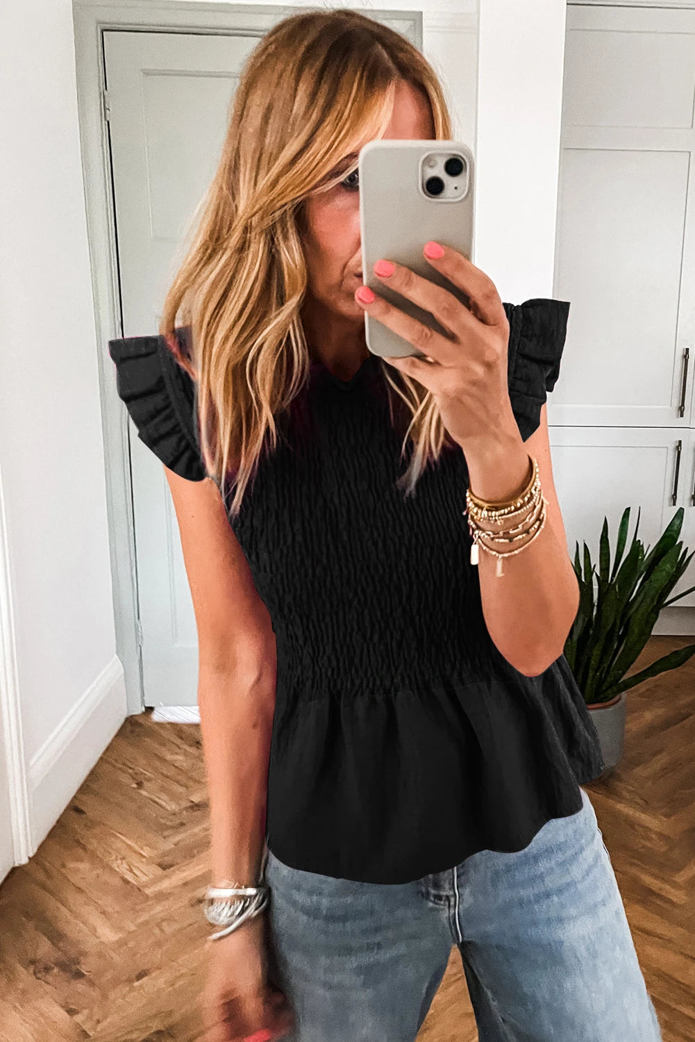 Black Smocked Flutter Sleeve Blouse