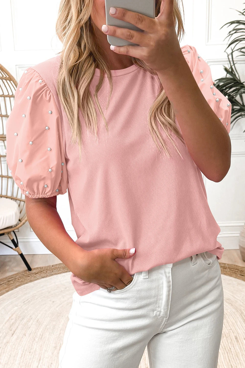 Light Blush Pearl Puff Sleeve Blouse