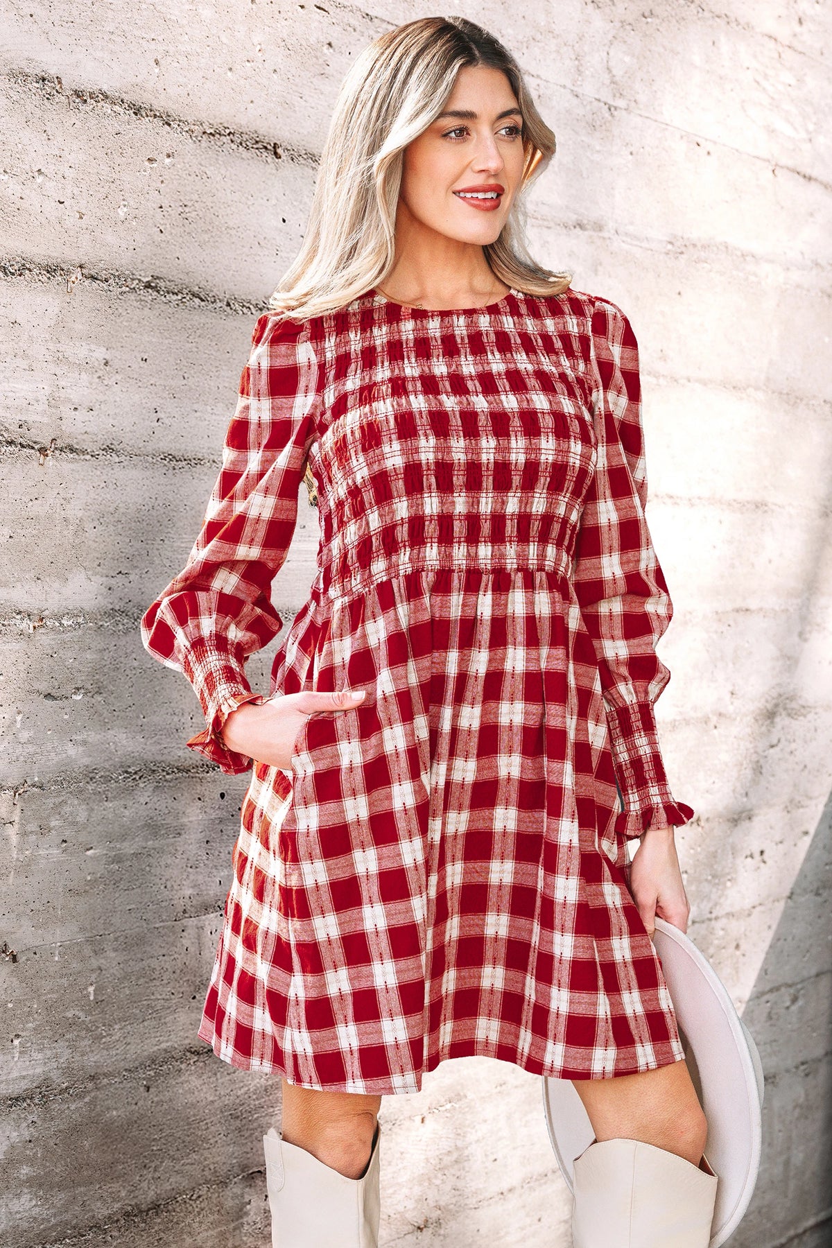 Red Plaid Smocked Long Sleeve Dress