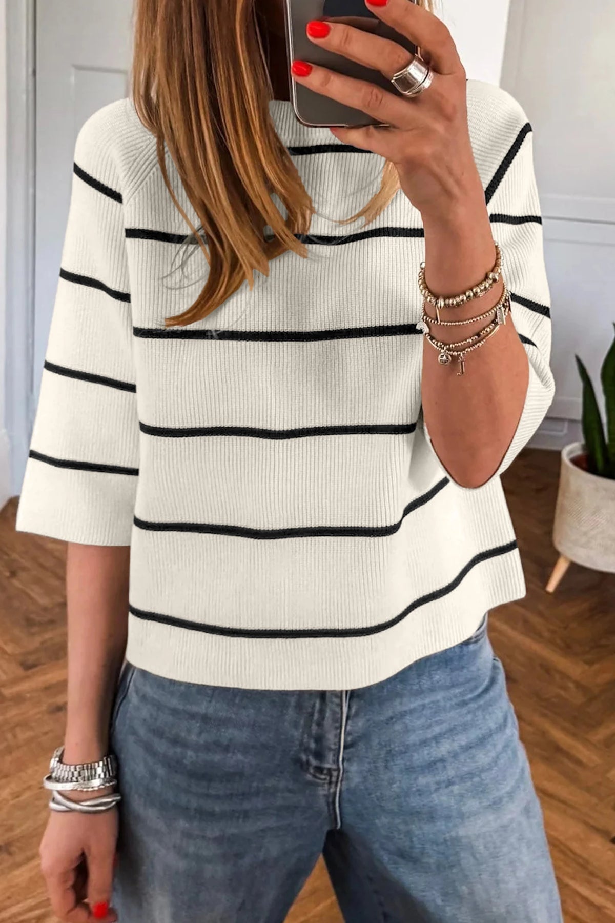 White Striped 3/4 Sleeve Sweater