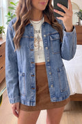 Sky Blue Patchwork Leather Collar Jean Jacket