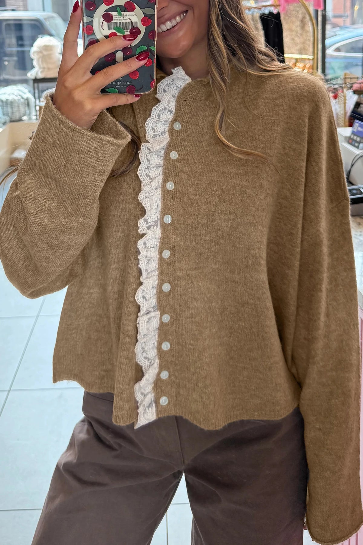 Taupe Frilled Lace Trim Button-Up Teddy Bear Sweater