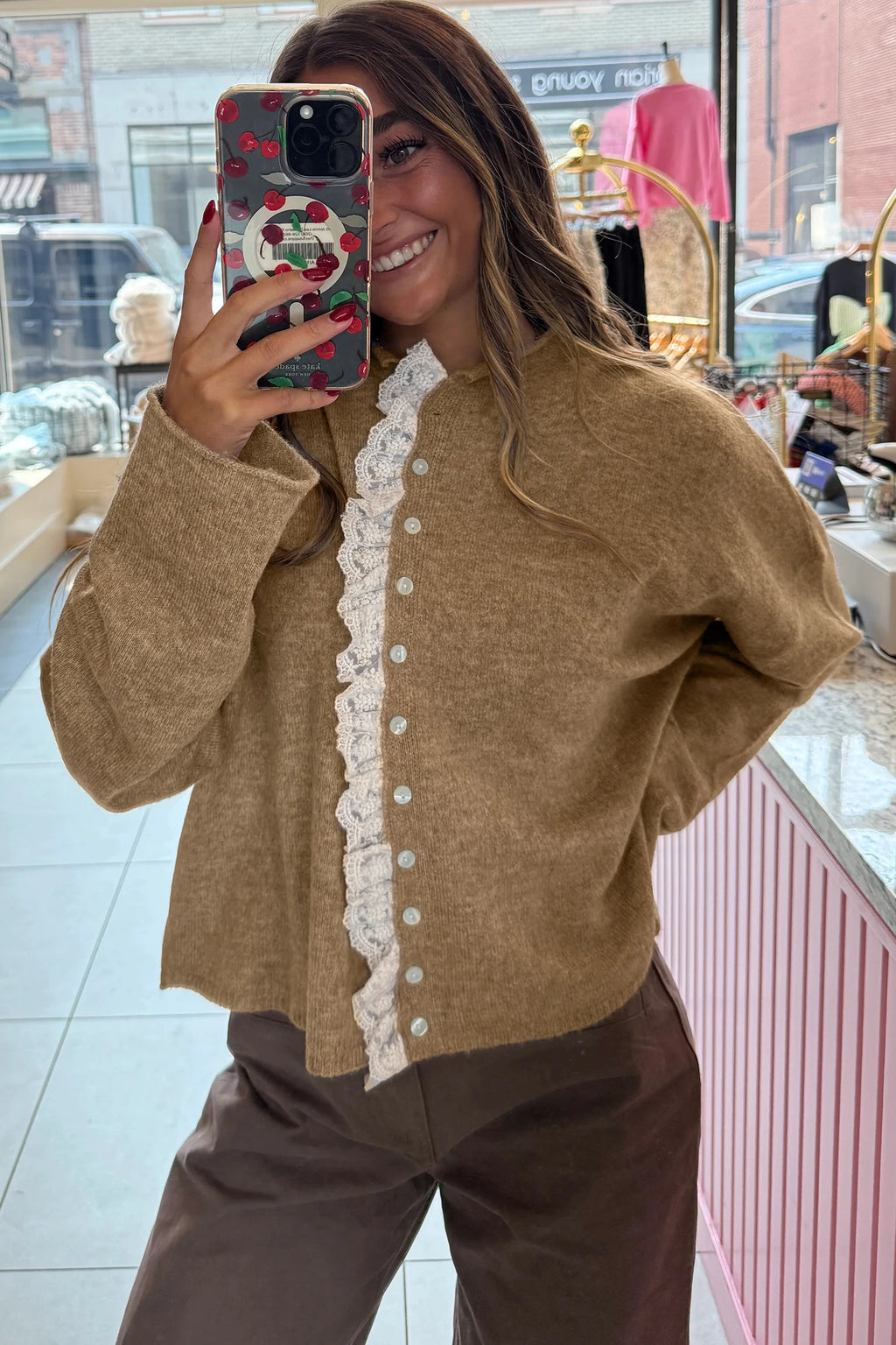 Taupe Frilled Lace Trim Button-Up Teddy Bear Sweater