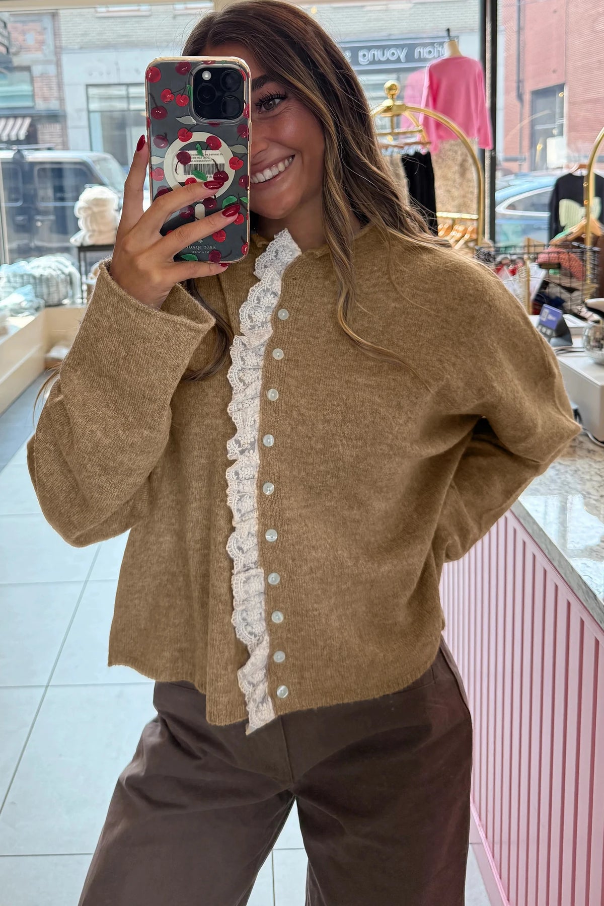 Taupe Frilled Lace Trim Button-Up Teddy Bear Sweater