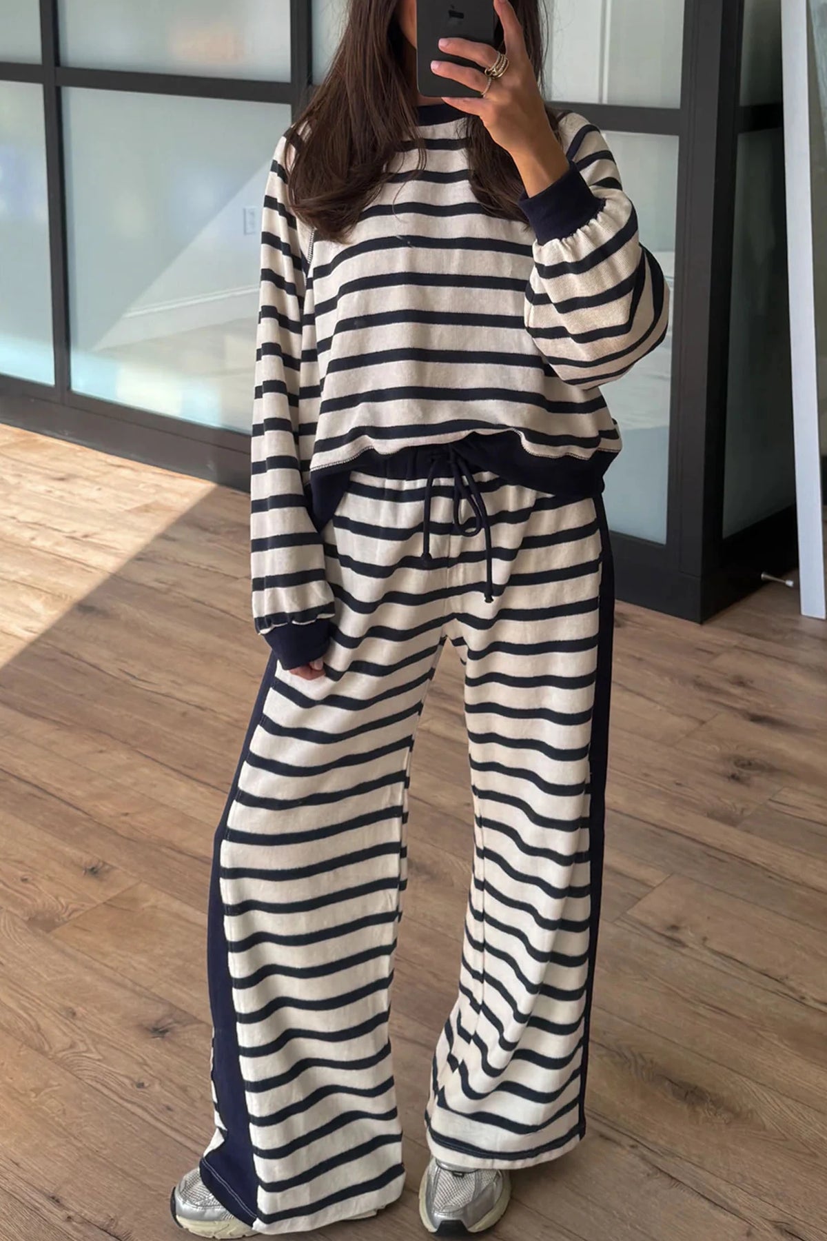 Beige Thick Striped Top & Pants Set