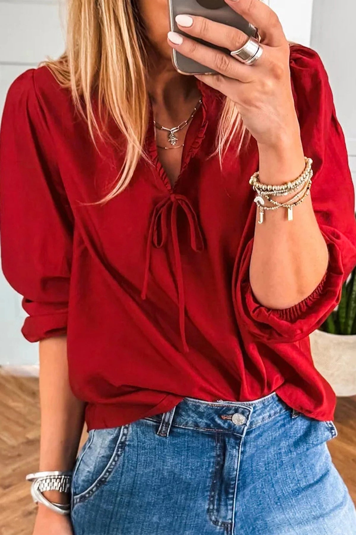 Ruby V-Neck Frilled Neck 3/4 Sleeve Blouse