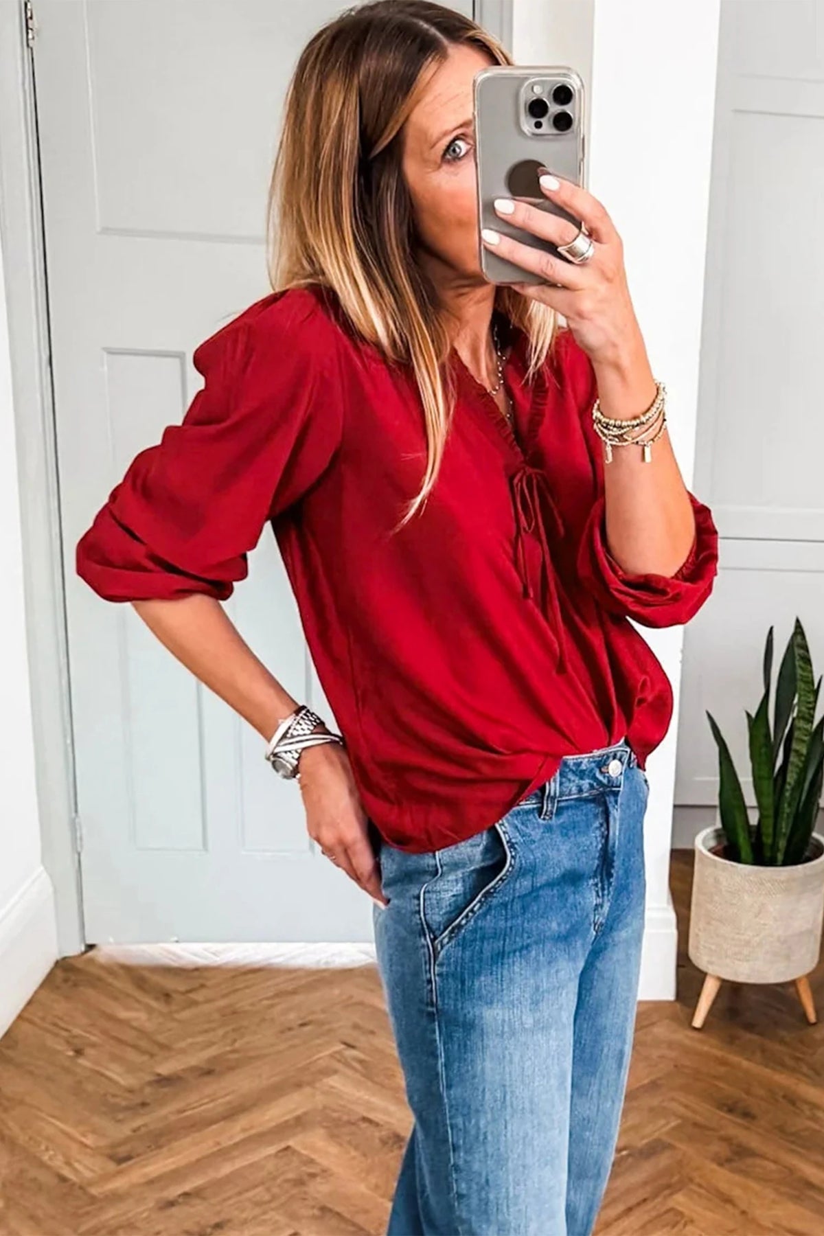 Ruby V-Neck Frilled Neck 3/4 Sleeve Blouse
